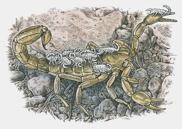 Framed Print : Illustration of a female Scorpion carrying young on back Framed Print : Illustration of a female Scorpion carrying young on back