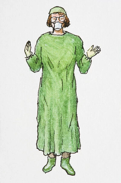 Illustration of female surgeon wearing green operating gown, hat and boots, white surgical mask, and glasses