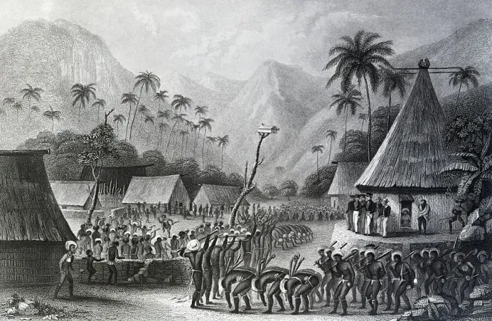 Framed Print : Illustration of Fiji Club Dance witnessed by the Wilkes Expedition on May 24, 1840