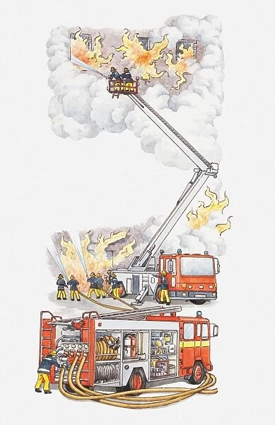 Illustration of fire engine and firemen attempting to extinguish a fire