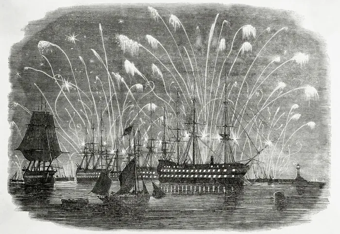 Framed Print : Illustration of Fireworks Above Ships in Plymouth Bay Framed Print : Illustration of Fireworks Above Ships in Plymouth Bay