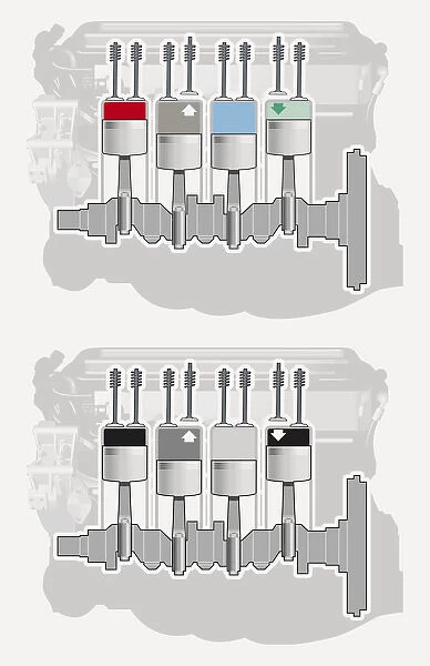 Illustration of firing order sequence of delivering power to car cylinder in multi-cylinder piston engine
