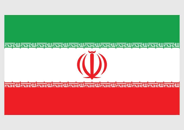 Illustration of flag of Iran, a horizontal tricolour of red, white, and green with red emblem of Iran in centre, and takbir written in white in Kufic script on fringe of both green and red bands