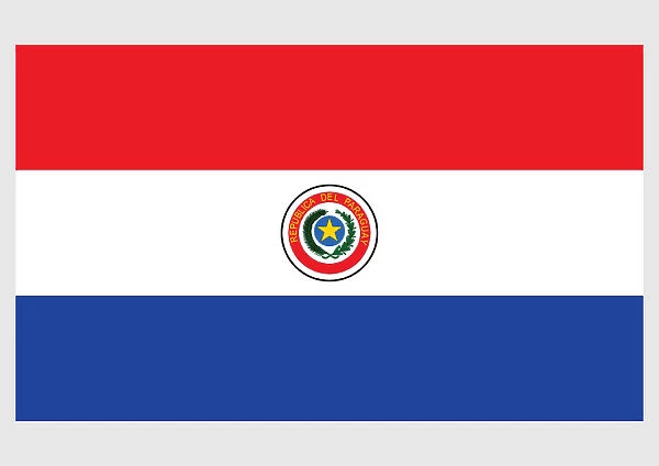 Illustration of flag of Paraguay, with three equal, horizontal red, white, and blue bands, national coat of arms of Paraguay, and five-pointed gold in centre