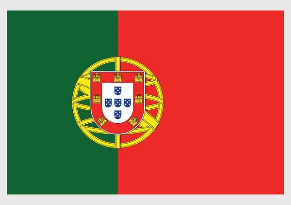 Illustration of flag of Portugal, a vertically striped bicolor with unequally divided green and red field, and national coat of arms at centre