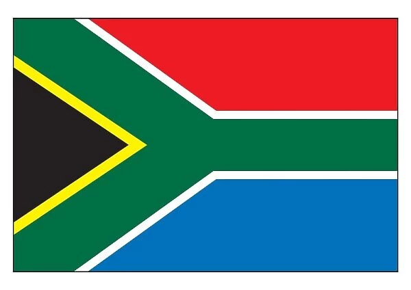 Illustration of flag of South Africa, horizontal bands of red, blue, and green band splitting in to Y shape, and black isosceles triangle
