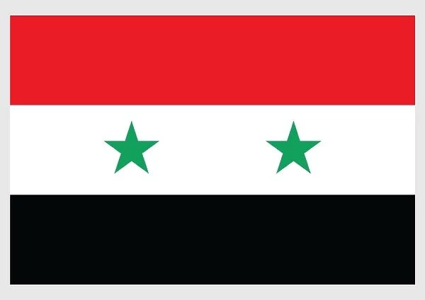 Illustration of flag of Syria, a horizontally striped red, white and black tricolor with two green five-pointed stars in center of white stripe