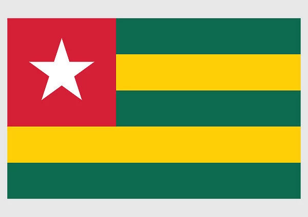 Illustration of flag of Togo, with white five-pointed star on red square, and five equal horizontal bands of green alternating with yellow