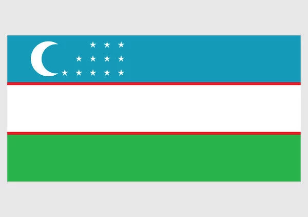 Illustration of flag of Uzbekistan, with horizontal blue, white and green bands, red stripes bordering white field, crescent and 12 stars on blue band