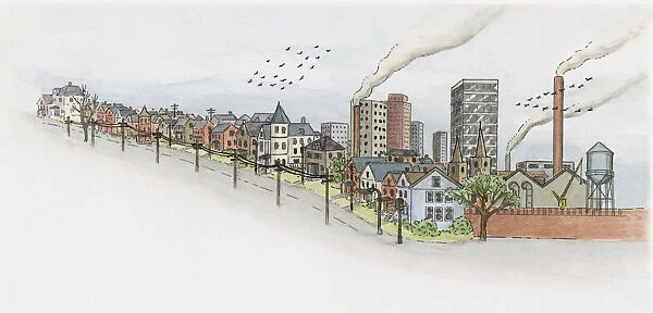 Illustration of two flocks of birds flying over industrial town