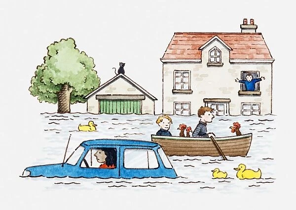 Illustration of a flooded street with house and car partly underwater, and people travelling in a boat