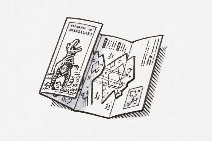 Framed Print : Illustration of floorplan of a natural history museum, with a dinosaur on the front Framed Print : Illustration of floorplan of a natural history museum, with a dinosaur on the front