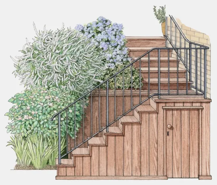 Framed Print : Illustration of flowers planted along cedarwood steps Framed Print : Illustration of flowers planted along cedarwood steps