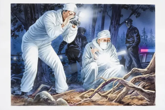 Framed Print : Illustration, two forensic officers in white boiler suits holding torch and taking photographs in forest location at night, police car and officers in background Framed Print : Illustration, two forensic officers in white boiler suits holding torch and taking photographs in forest location at night, police car and officers in background