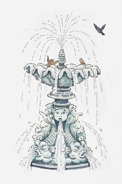 Illustration of fountain with birds bathing