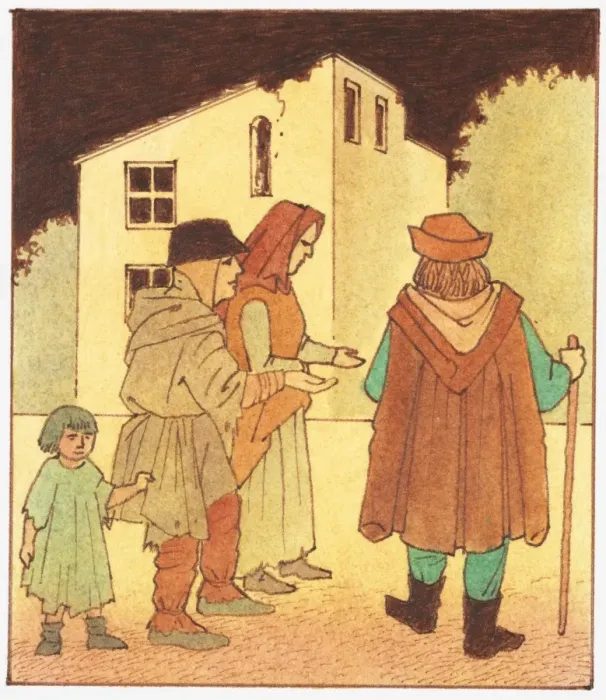 Framed Print : Illustration of French peasants begging for food during from wealthy man during Hundred Years War Framed Print : Illustration of French peasants begging for food during from wealthy man during Hundred Years War