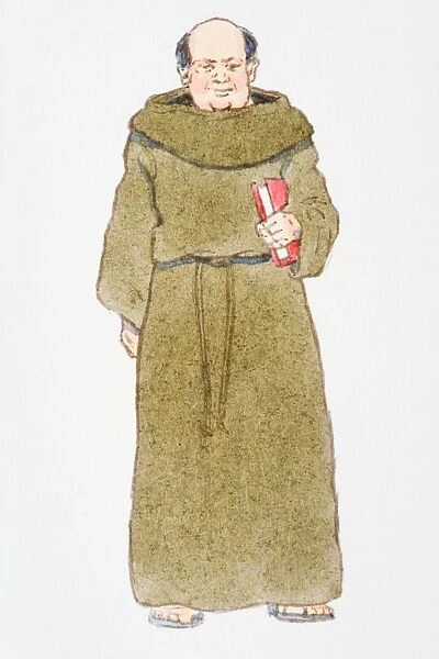 Illustration of friar wearing brown habit with flax rope belt, holding red book
