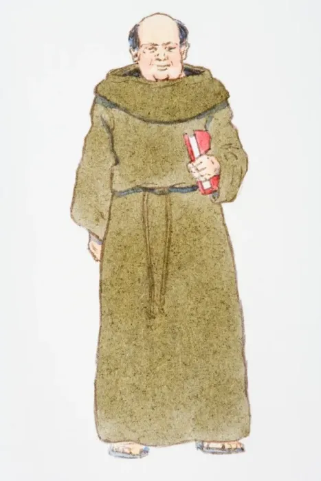 Framed Print : Illustration of friar wearing brown habit with flax rope belt, holding red book