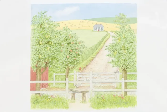 Framed Print : Illustration, fruit trees and wooden field gate by country path leading to secluded farmhouse, rolling hills with hay bales in background Framed Print : Illustration, fruit trees and wooden field gate by country path leading to secluded farmhouse, rolling hills with hay bales in background