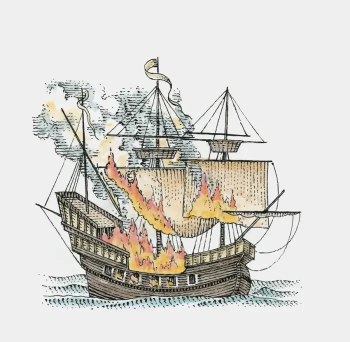 Framed Print : Illustration of galleon in flames on sea Framed Print : Illustration of galleon in flames on sea