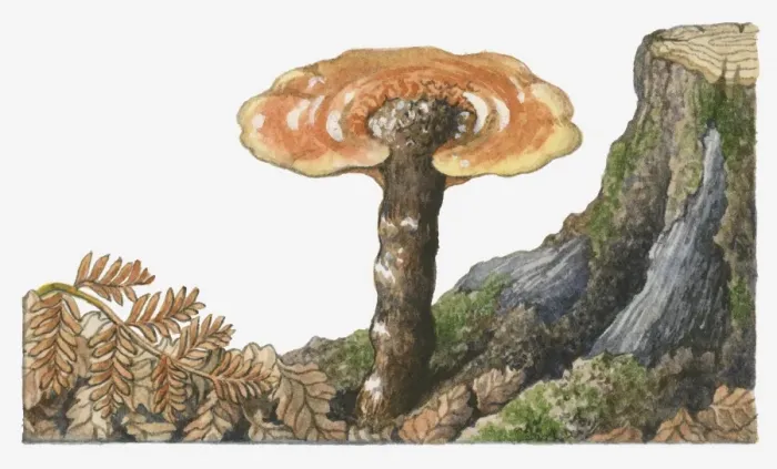 Framed Print : Illustration of Ganoderma lucidum (Reishi Mushroom) growing near tree stump
