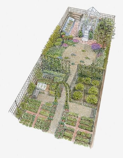 Illustration of a garden containing greenhouse and herb garden