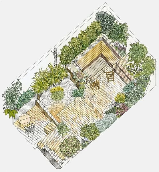 Illustration of a garden containing paved and gravelled areas, tables, chairs and benches, surrounded by plants