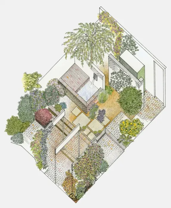 Framed Print : Illustration of a garden containing paved and gravelled areas, fountain and plants Framed Print : Illustration of a garden containing paved and gravelled areas, fountain and plants