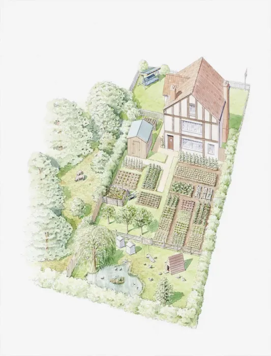 Framed Print : Illustration of a garden farm, showing land being used for fruit, vegetables and livestock Framed Print : Illustration of a garden farm, showing land being used for fruit, vegetables and livestock