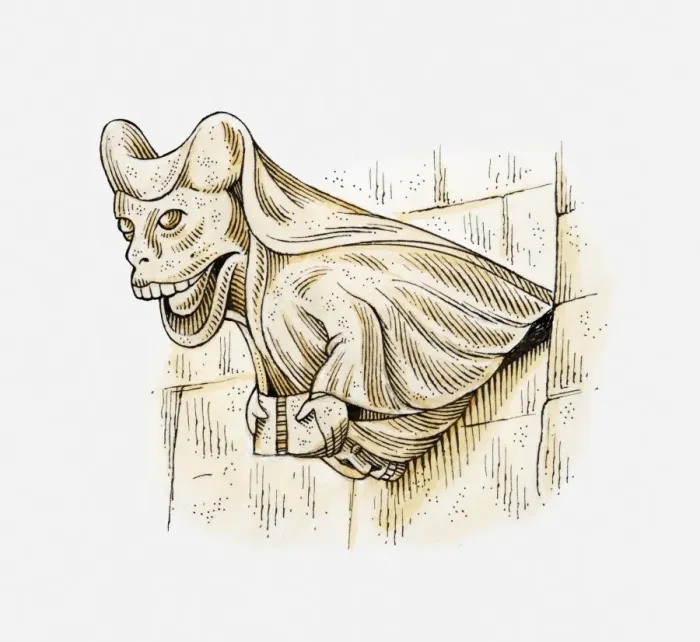 Framed Print : Illustration of a gargoyle on the face of Horsley Church, Derbyshire, England, c. 1450