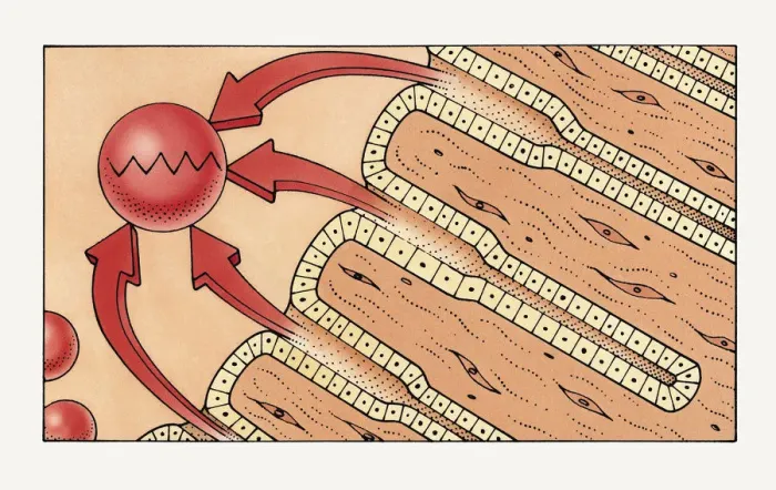 Framed Print : Illustration of gastric glands secreting pepsin to break down protein in stomach into digestible peptides