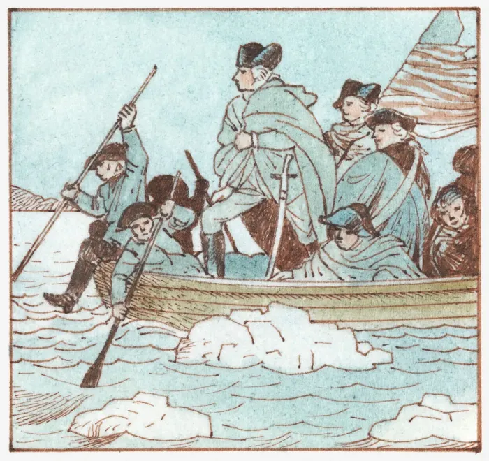 Framed Print : Illustration of George Washington in boat crossing the Delaware River to defeat the British at the Battle of Trenton during the American Revolution Framed Print : Illustration of George Washington in boat crossing the Delaware River to defeat the British at the Battle of Trenton during the American Revolution