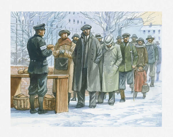 Illustration of German people queuing to collect handouts of free food in the 1930s from soldier