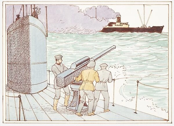 Illustration of German sailors on board submarine firing weapon at American warship in the Battle of the Atlantic during World War II
