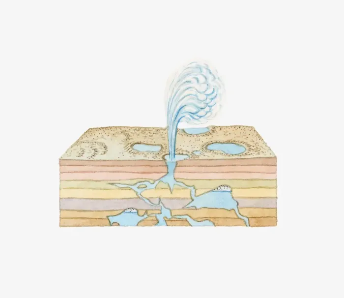 Framed Print : Illustration of a geyser in showing rock strata below Framed Print : Illustration of a geyser in showing rock strata below