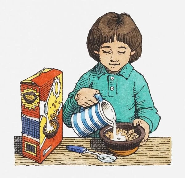 Illustration of girl pouring milk from jug into bowl of cornflakes