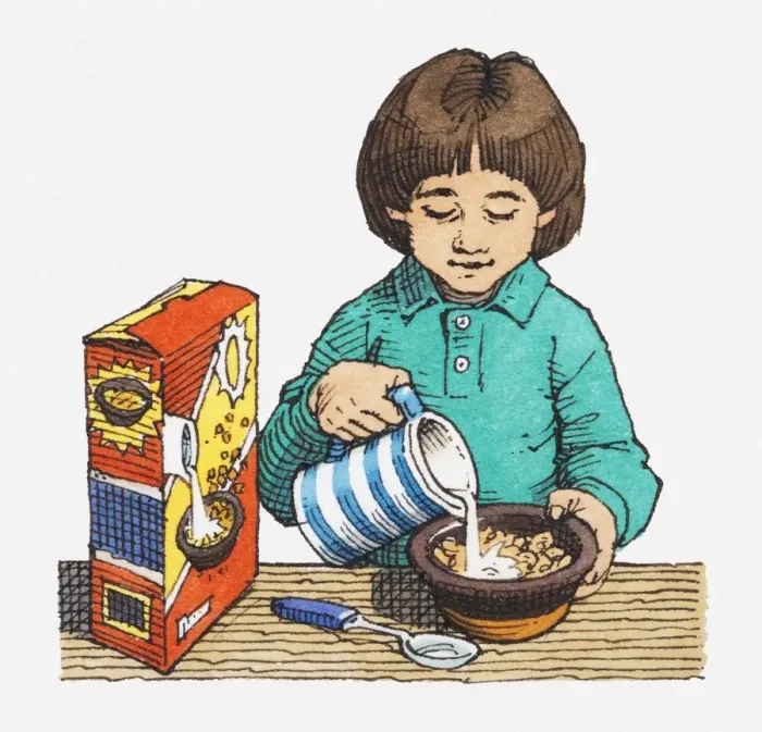 Framed Print : Illustration of girl pouring milk from jug into bowl of cornflakes Framed Print : Illustration of girl pouring milk from jug into bowl of cornflakes
