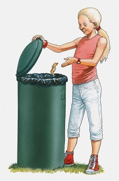 Illustration of girl throwing rubbish in bin
