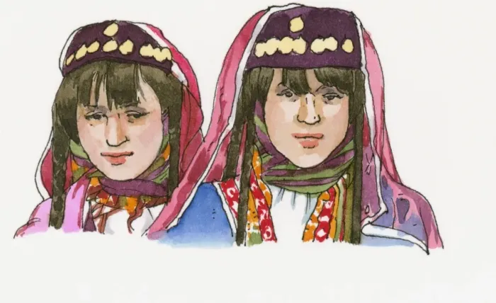 Framed Print : Illustration of two girls wearing traditional Anatolian Ottoman clothes Framed Print : Illustration of two girls wearing traditional Anatolian Ottoman clothes
