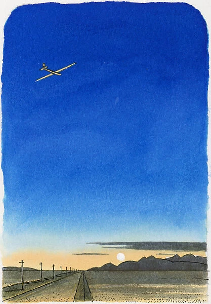Illustration of glider in clear sky at sunset