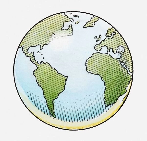 Illustration of globe showing North and South America, Africa, Europe and Atlantic Ocean
