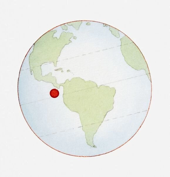 Illustration of globe showing position of Galapagos Islands highlighted in red