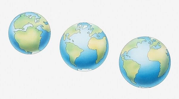 Illustration of three globes and development of continents, 200 million years ago, 50 million years ago, and present day