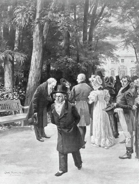 Framed Print : Illustration of Goethe and Beethoven with Crowd Outdoors by Carl Rohling