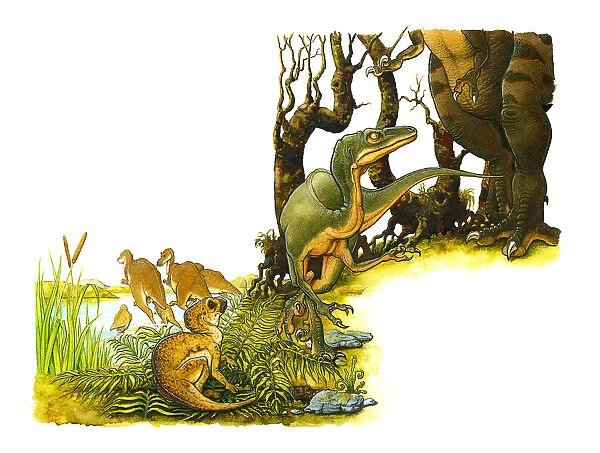 Illustration of green dinosaur at feet of large, predatory bipedal theropod, with small Hypsilophodon dinosaur hiding in leaves, and pair of dinosaurs standing in lake
