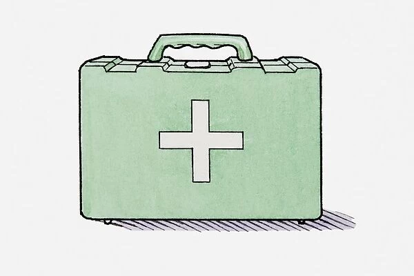 Illustration of green first aid case with white cross on front