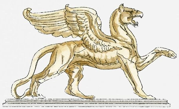 Illustration of a griffin statue, side view
