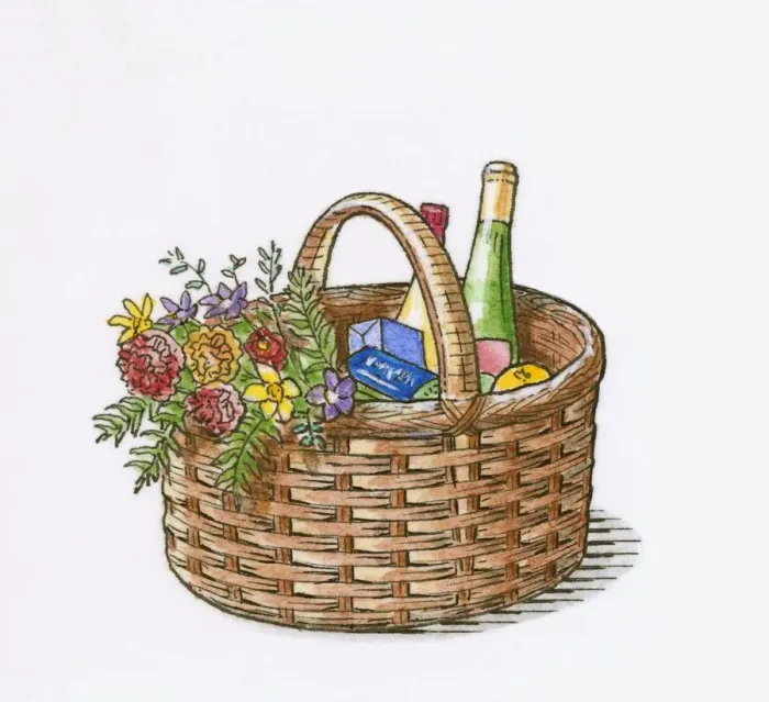 Framed Print : Illustration of groceries and bunch of fresh flowers in wicker shopping basket Framed Print : Illustration of groceries and bunch of fresh flowers in wicker shopping basket