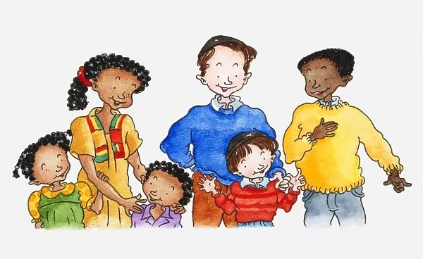 Illustration of a group of people of different ethnicities, a father with son, and a mother and father with two children