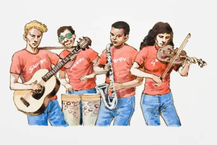 Framed Print : Illustration of group playing guitar, bongo drum, saxophone, and violin Framed Print : Illustration of group playing guitar, bongo drum, saxophone, and violin